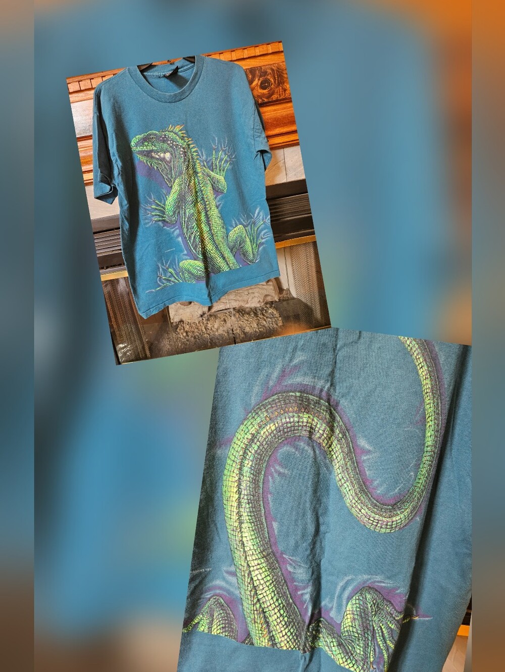 Vintage 1995. Habitat Teal Short Sleeve Tee with Green Iguana Front/Back. Large